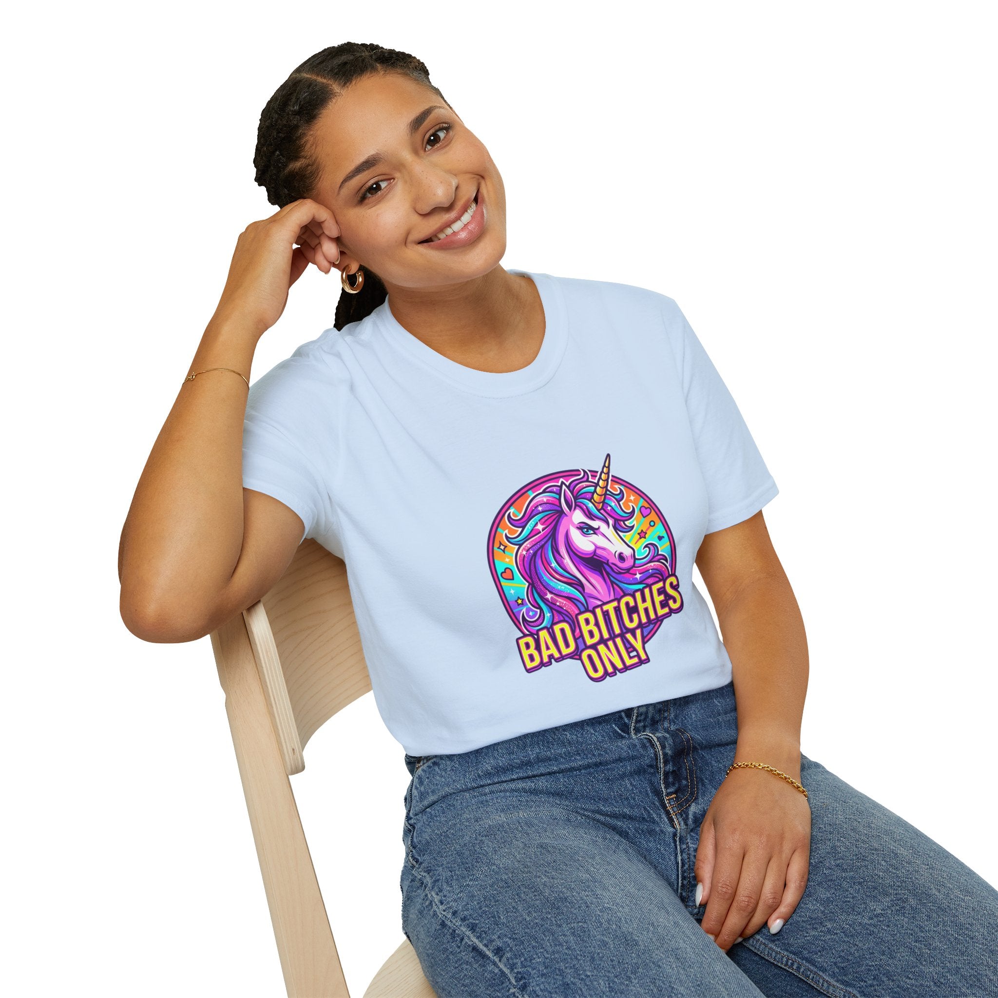 Bad Bitches Only Unicorn T-Shirt — Bold Rainbow Graphic Tee for Confident Women