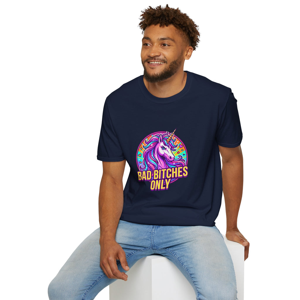 Bad Bitches Only Unicorn T-Shirt — Bold Rainbow Graphic Tee for Confident Women