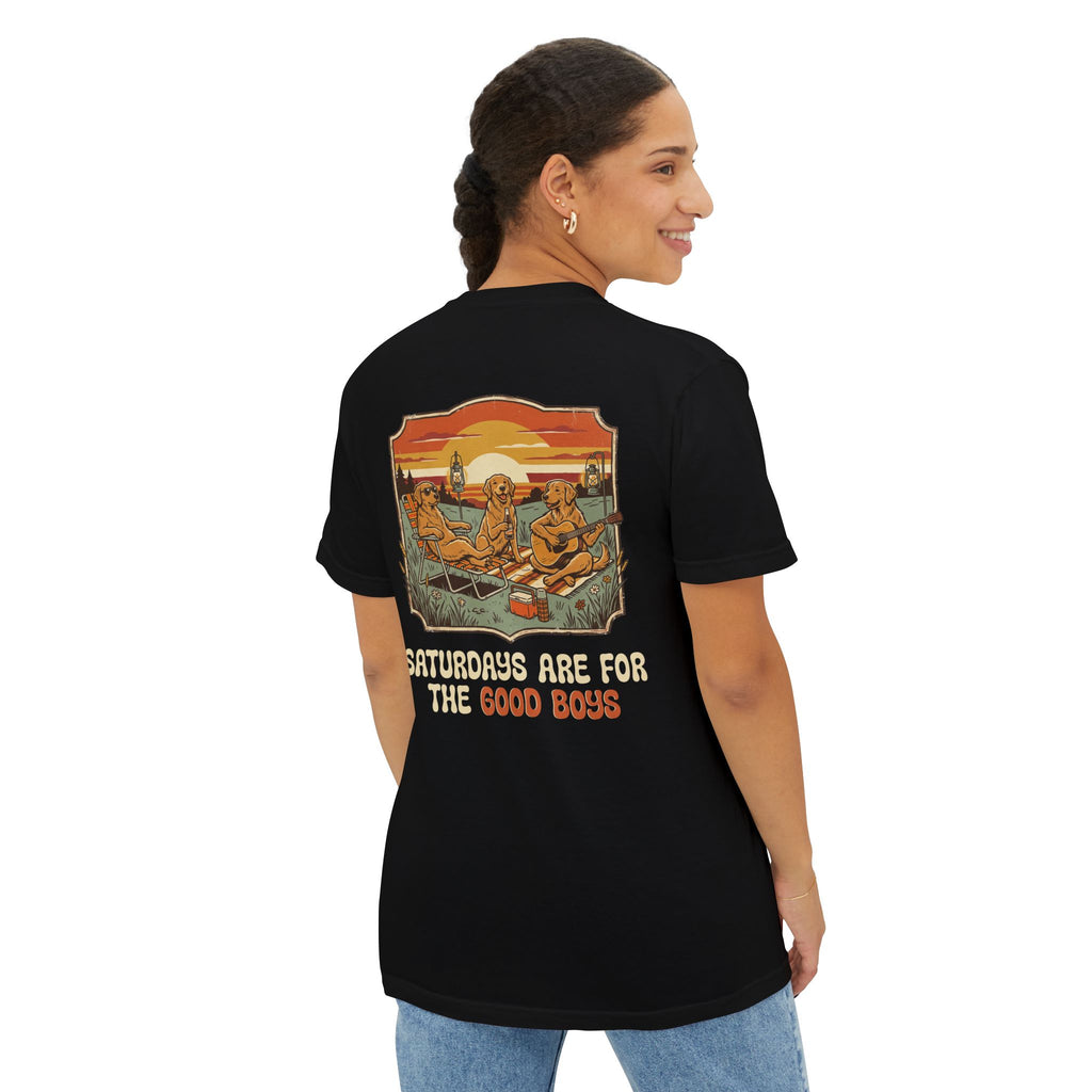 Camping Sunset Band Pocket T-Shirt | Back Graphic Outdoor Scene
