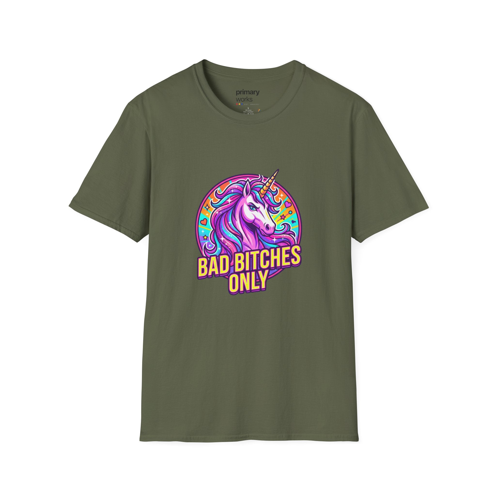 Bad Bitches Only Unicorn T-Shirt — Bold Rainbow Graphic Tee for Confident Women
