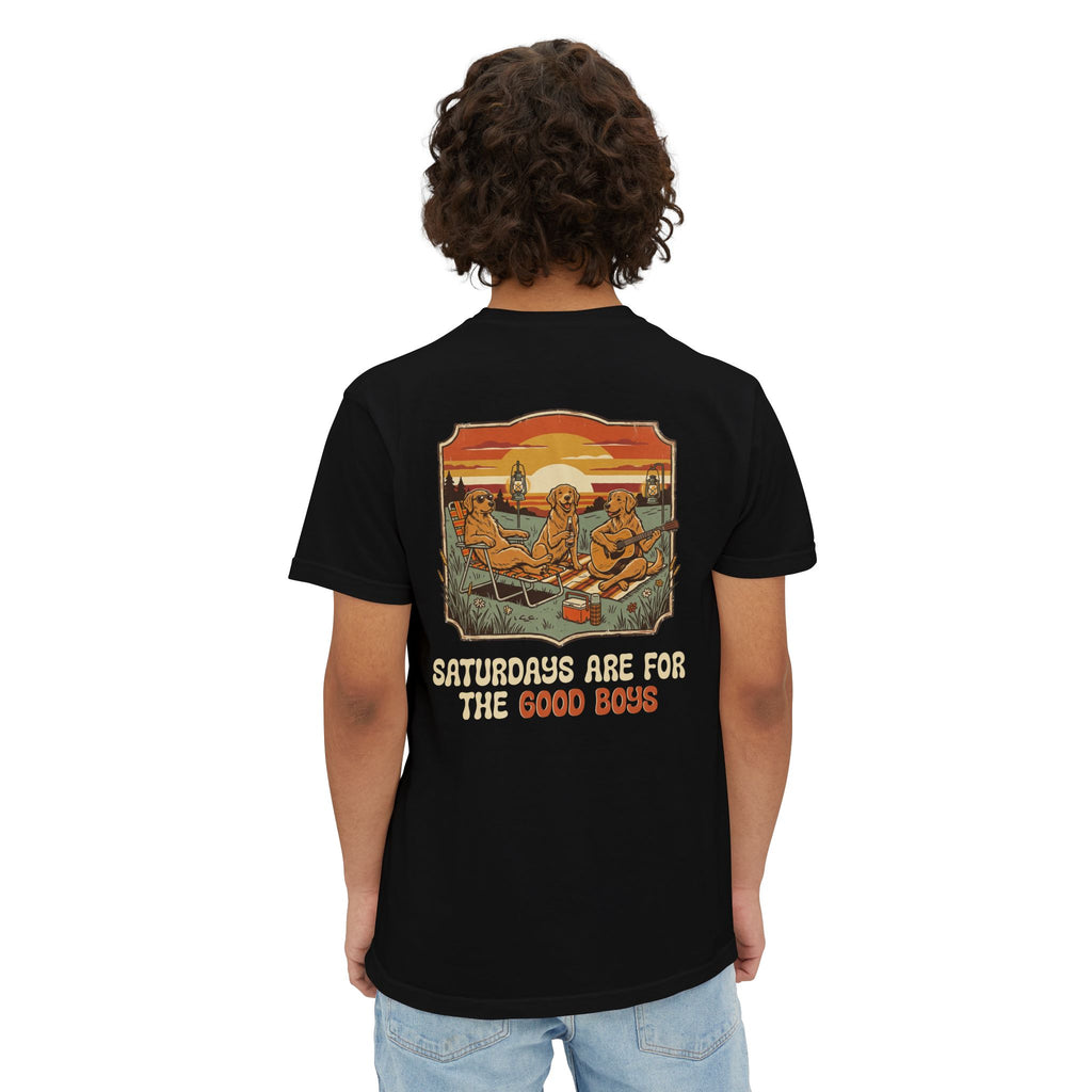 Camping Sunset Band Pocket T-Shirt | Back Graphic Outdoor Scene