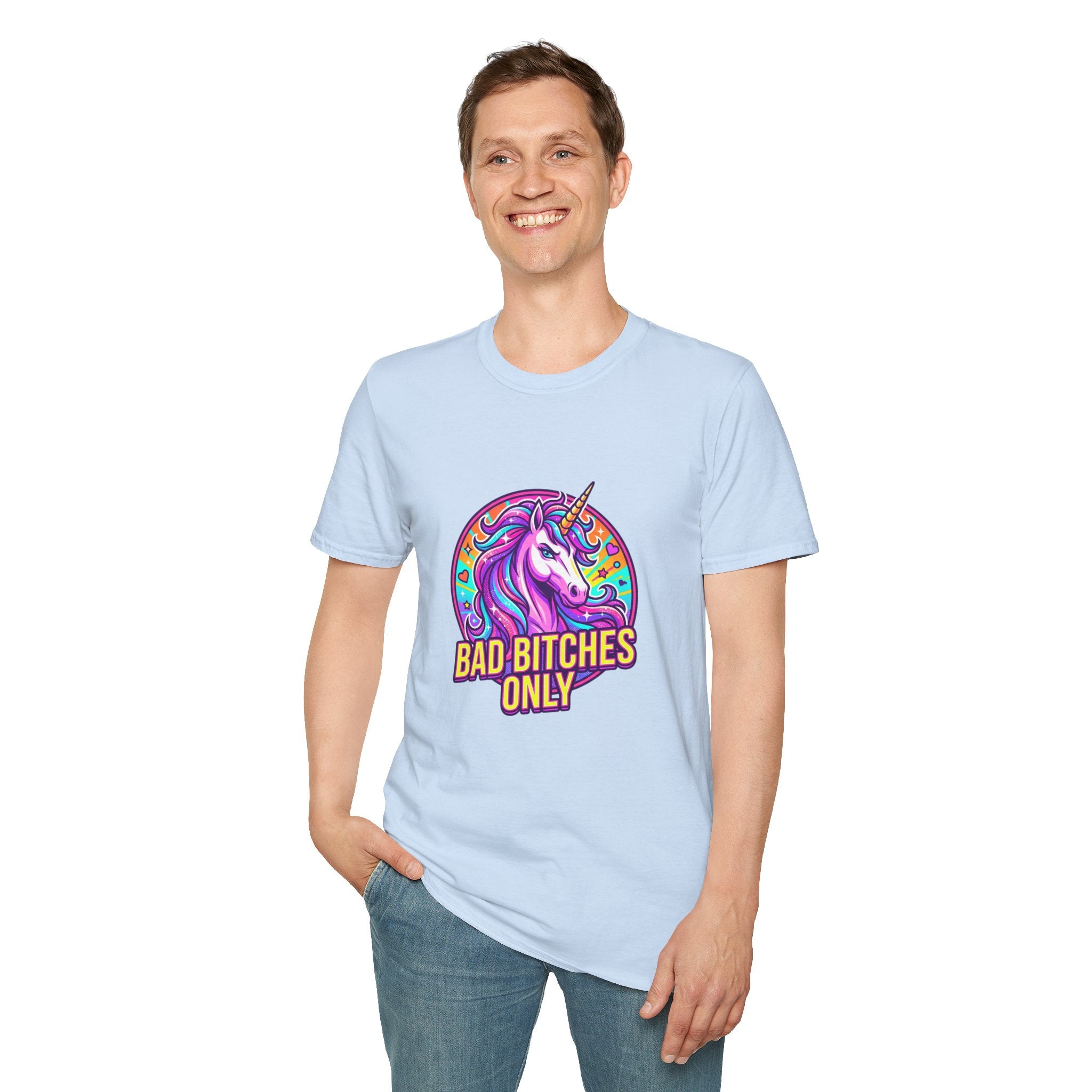 Bad Bitches Only Unicorn T-Shirt — Bold Rainbow Graphic Tee for Confident Women