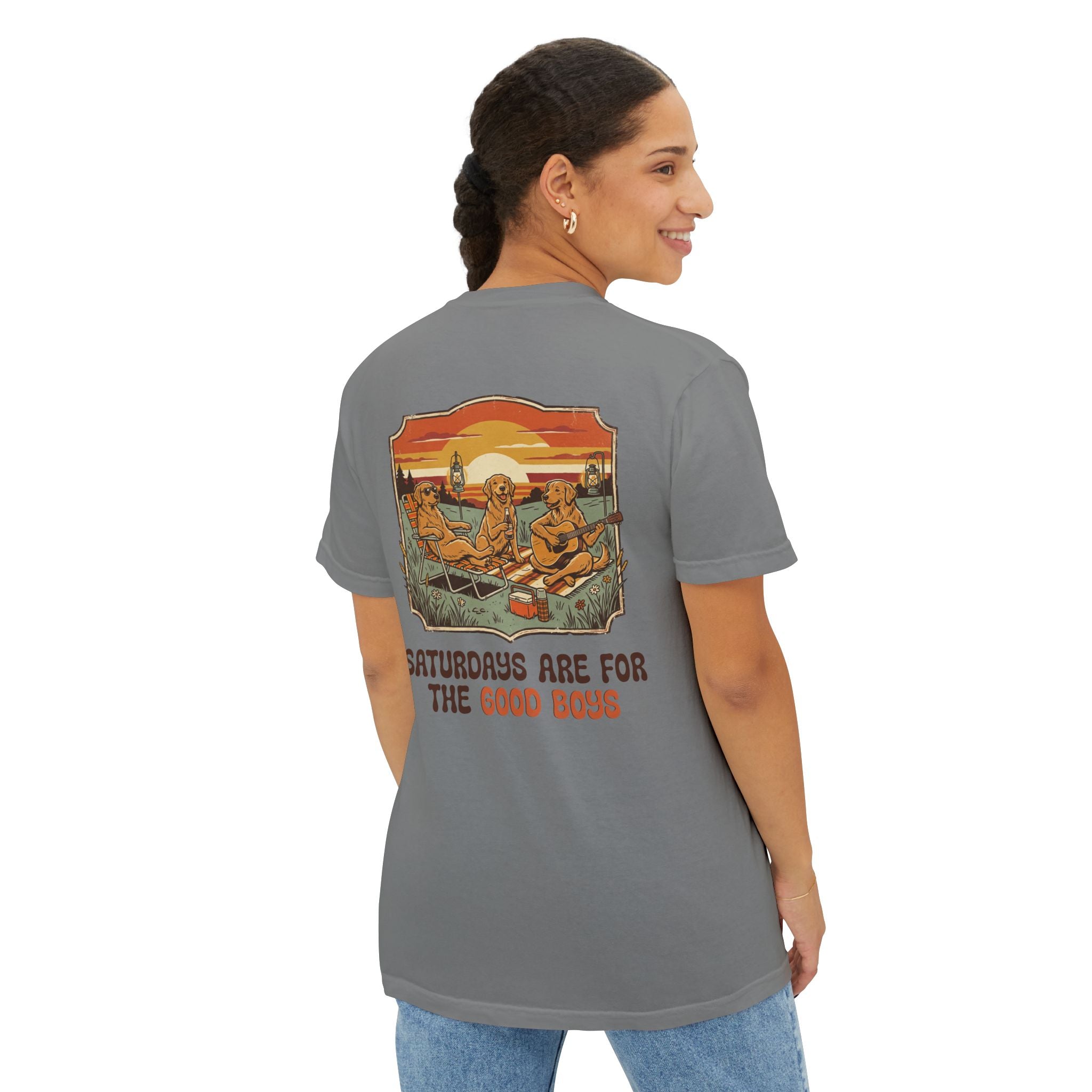 Camping Sunset Band Pocket T-Shirt | Back Graphic Outdoor Scene