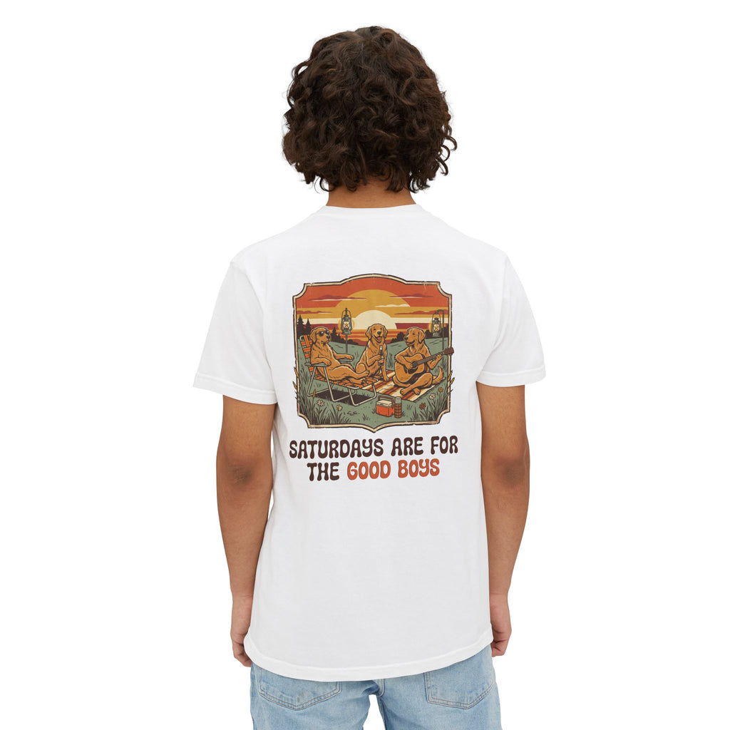 Camping Sunset Band Pocket T-Shirt | Back Graphic Outdoor Scene