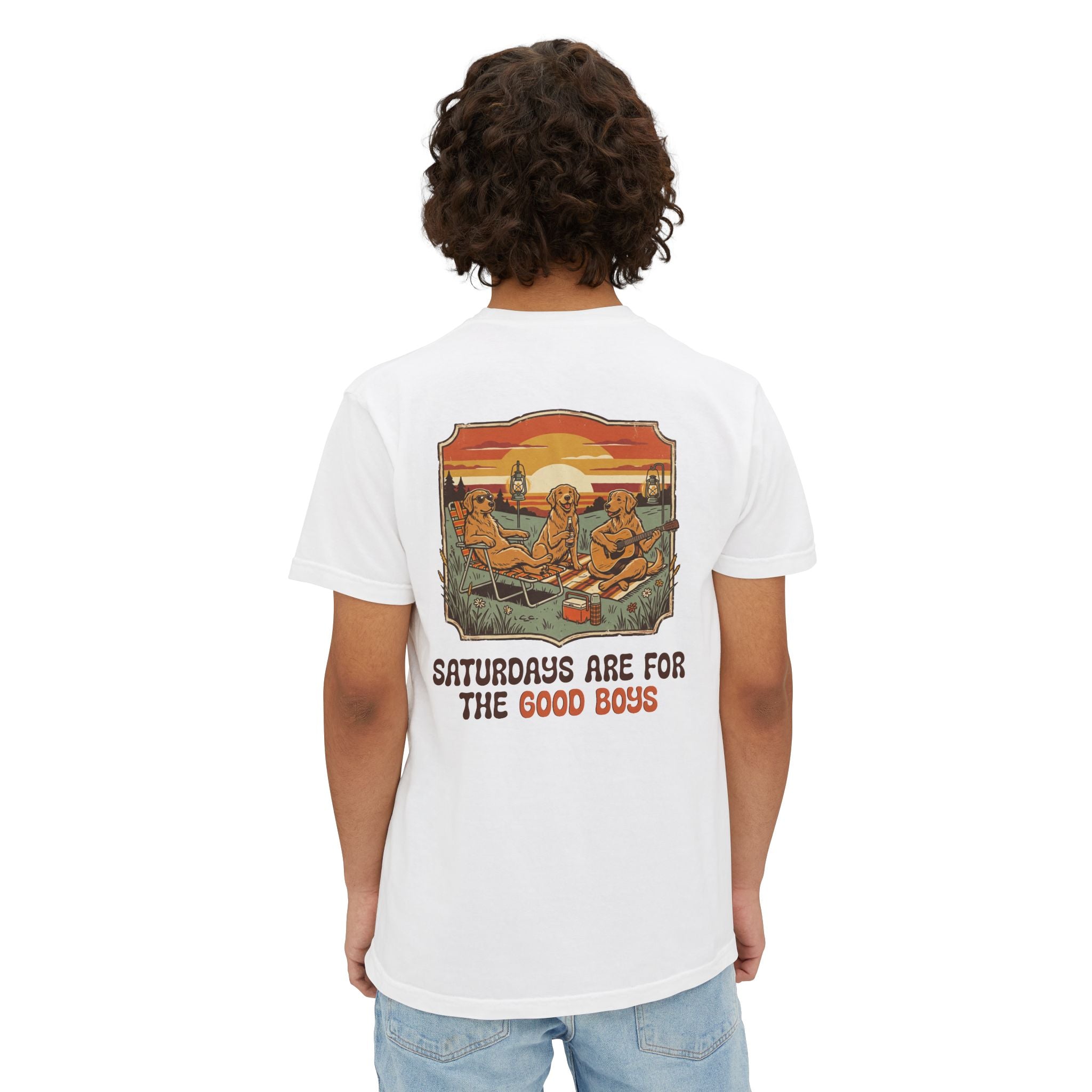 Camping Sunset Band Pocket T-Shirt | Back Graphic Outdoor Scene