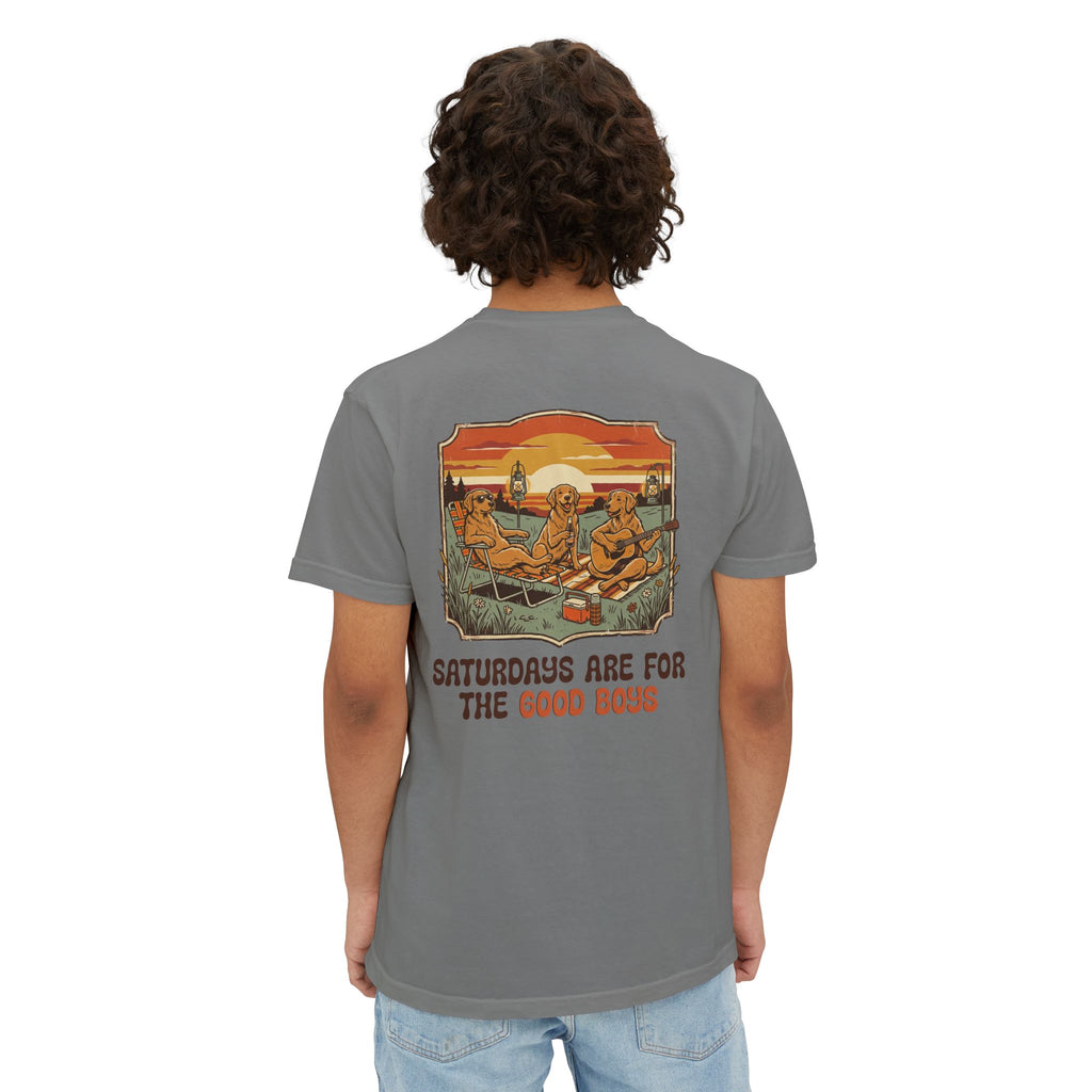 Camping Sunset Band Pocket T-Shirt | Back Graphic Outdoor Scene