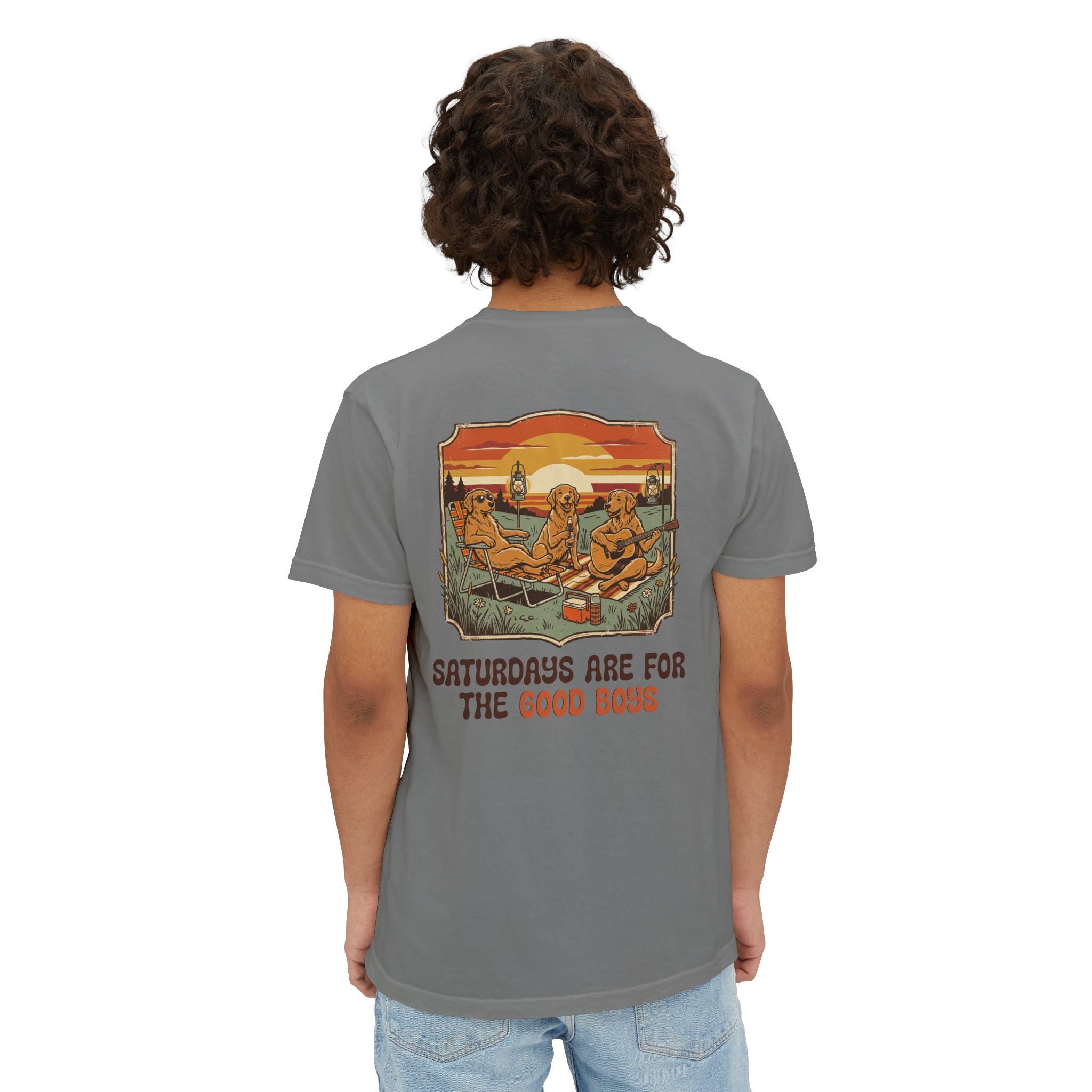 Camping Sunset Band Pocket T-Shirt | Back Graphic Outdoor Scene