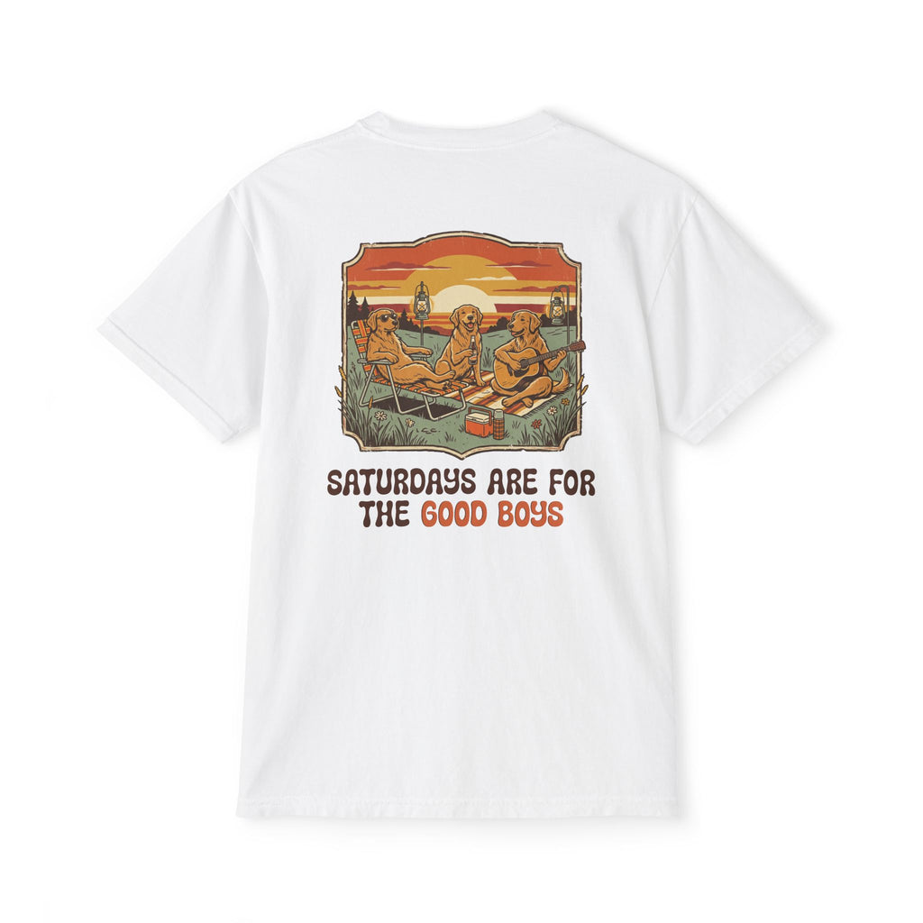 Camping Sunset Band Pocket T-Shirt | Back Graphic Outdoor Scene