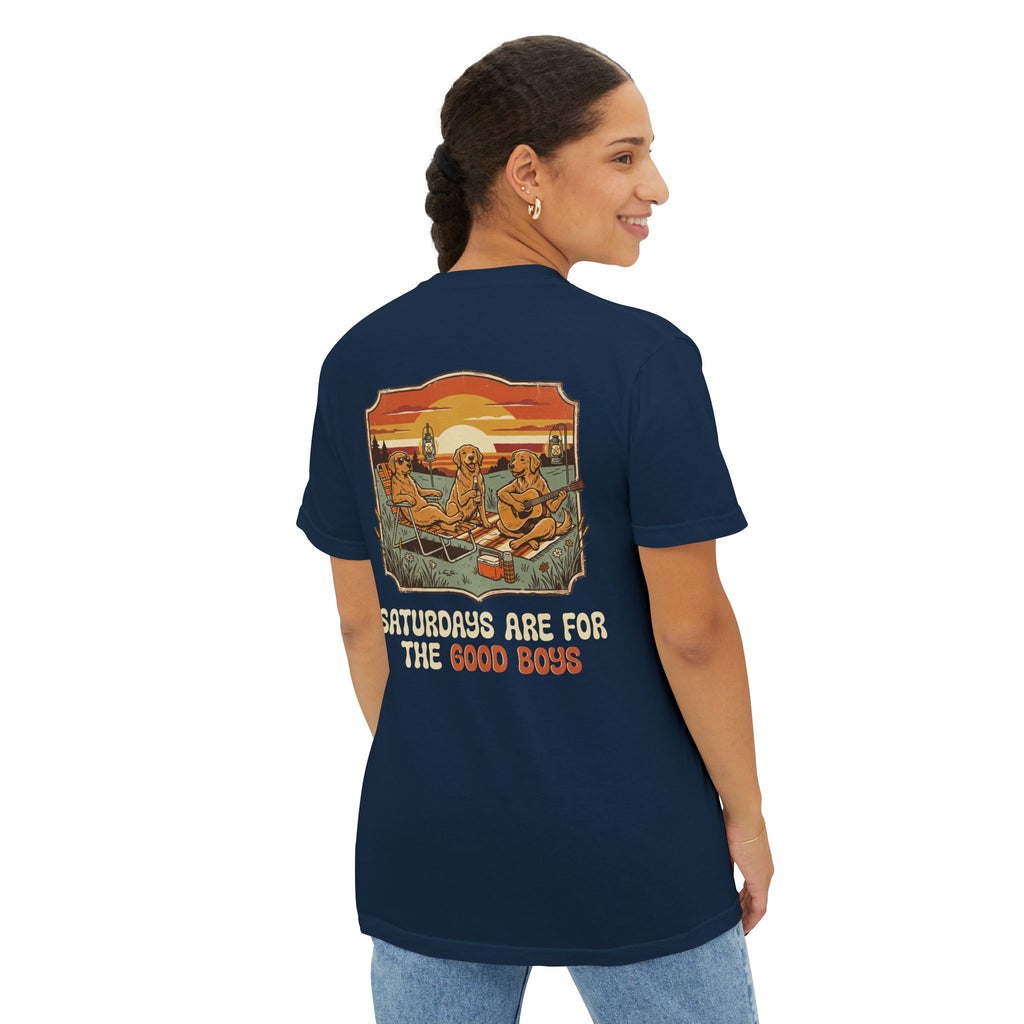 Camping Sunset Band Pocket T-Shirt | Back Graphic Outdoor Scene