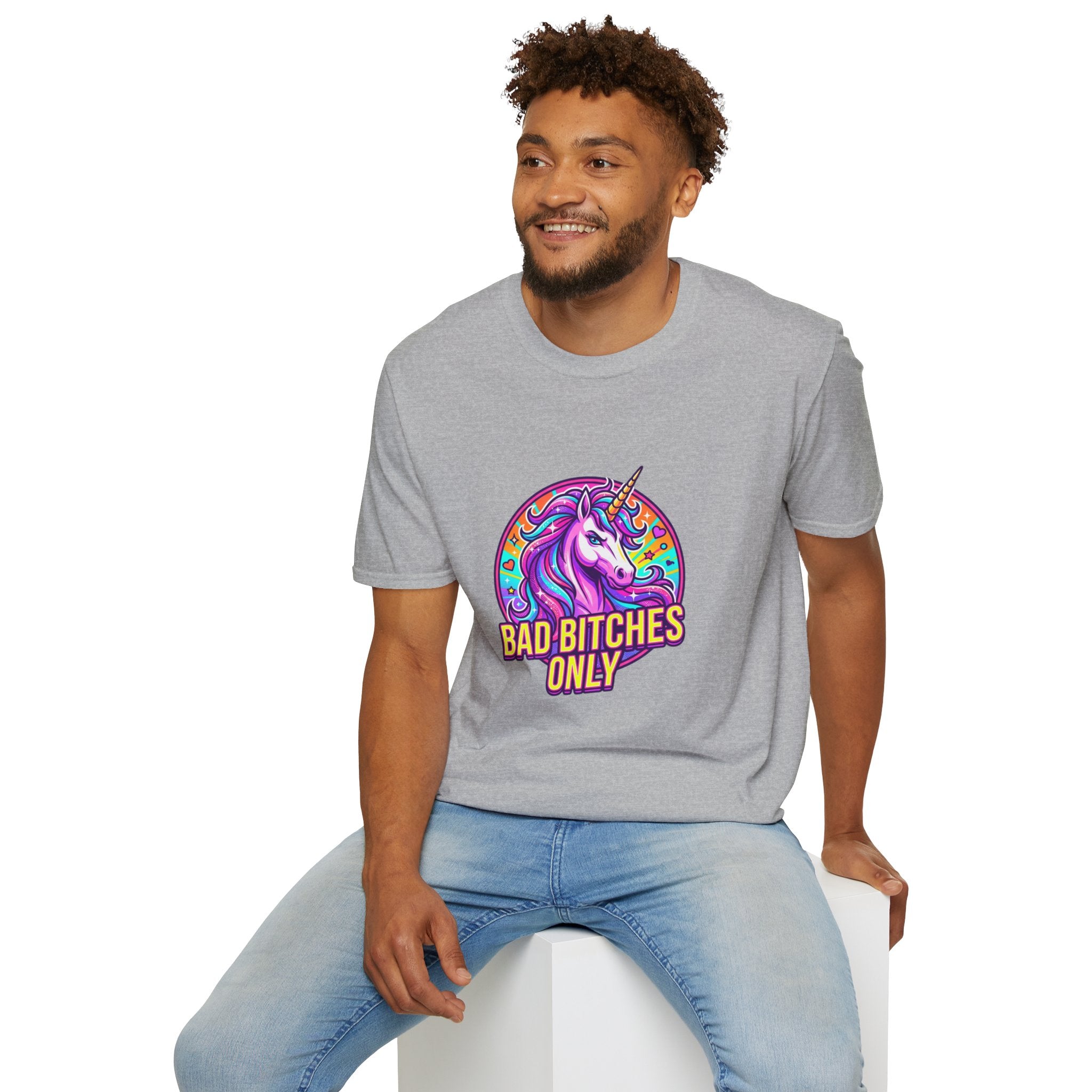 Bad Bitches Only Unicorn T-Shirt — Bold Rainbow Graphic Tee for Confident Women
