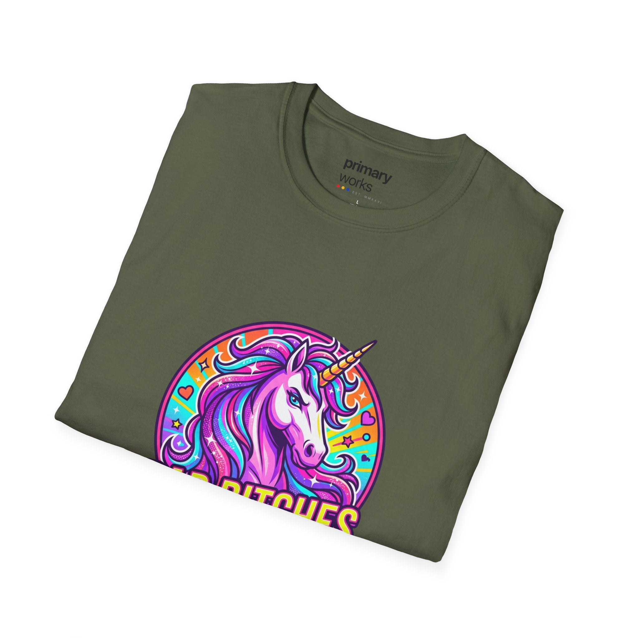 Bad Bitches Only Unicorn T-Shirt — Bold Rainbow Graphic Tee for Confident Women