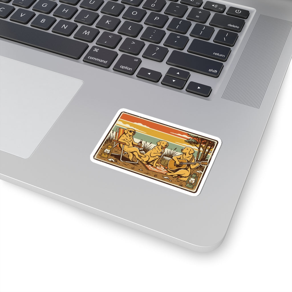 Golden Retrievers Camping Sticker | Kiss-Cut Vinyl Sticker, Retro Sunset