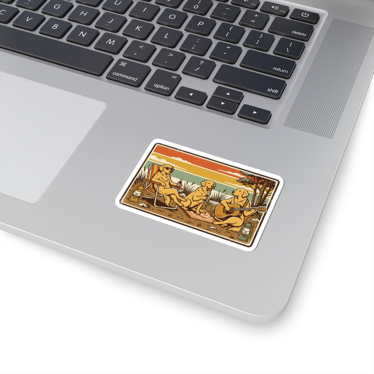 Golden Retrievers Camping Sticker | Kiss-Cut Vinyl Sticker, Retro Sunset