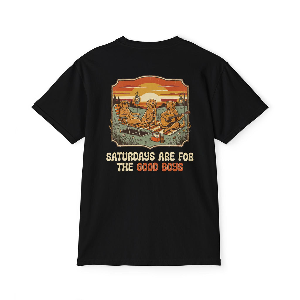 Camping Sunset Band Pocket T-Shirt | Back Graphic Outdoor Scene