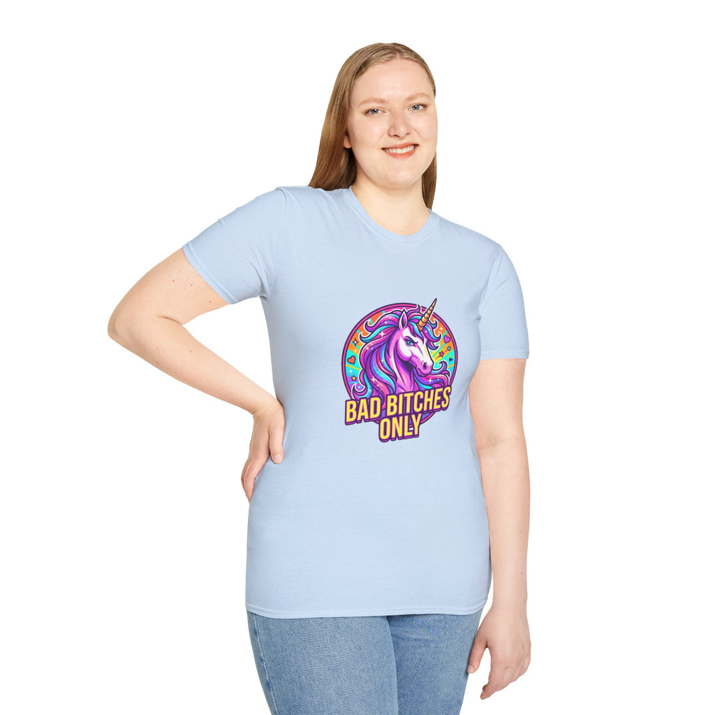 Bad Bitches Only Unicorn T-Shirt — Bold Rainbow Graphic Tee for Confident Women