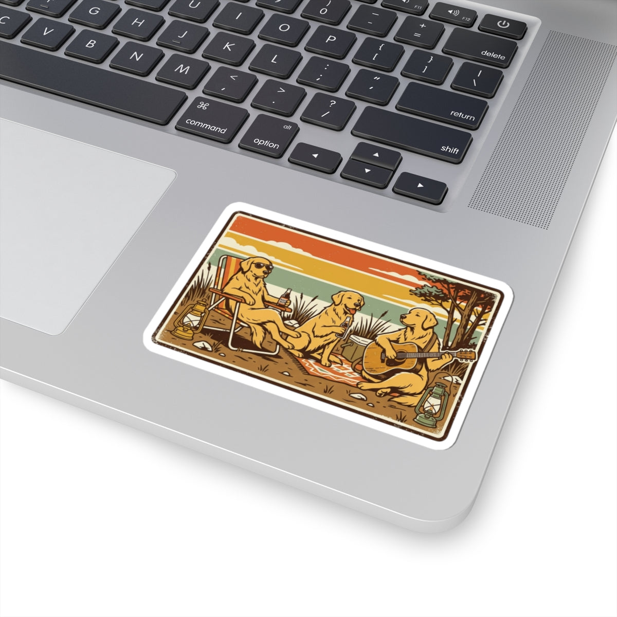 Golden Retrievers Camping Sticker | Kiss-Cut Vinyl Sticker, Retro Sunset