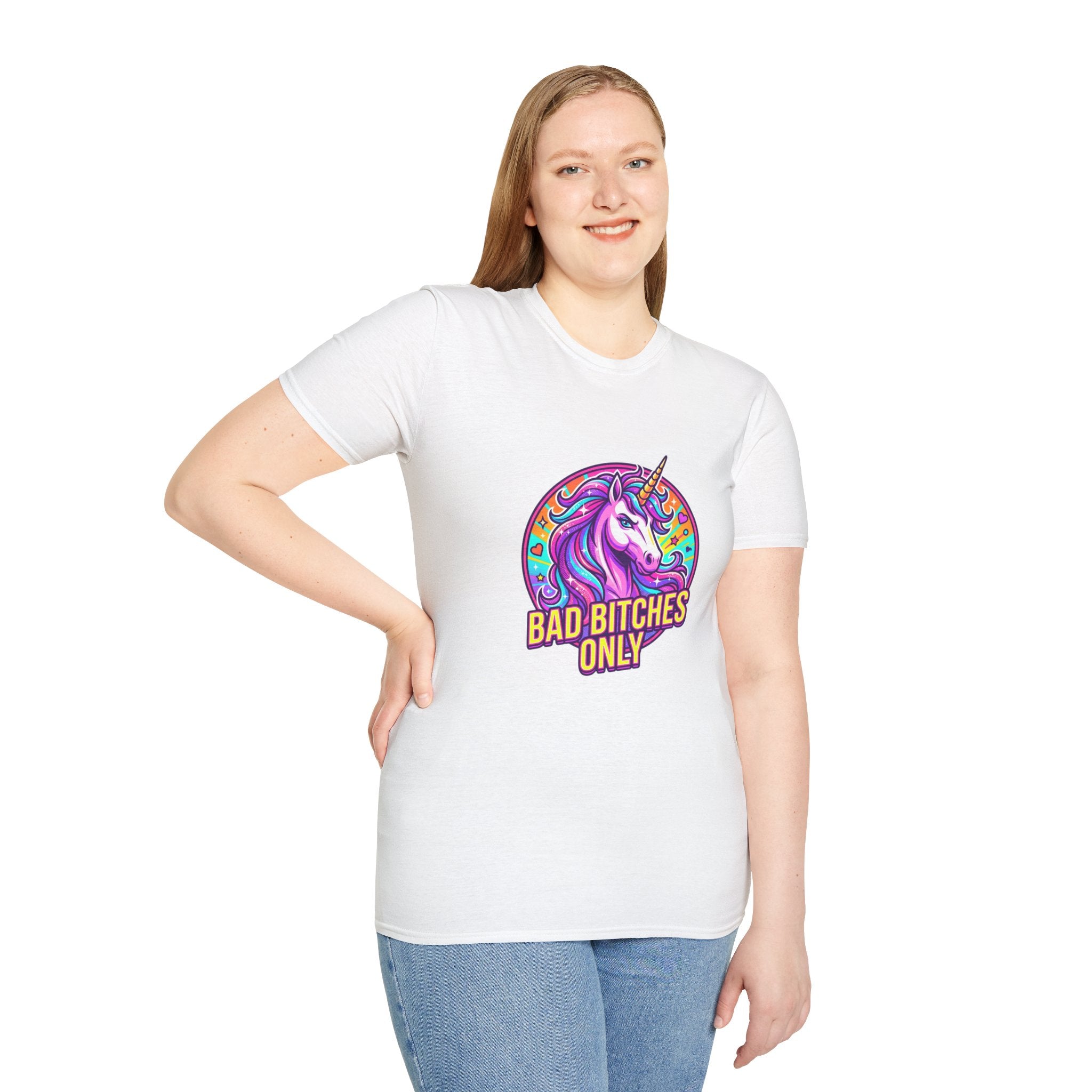 Bad Bitches Only Unicorn T-Shirt — Bold Rainbow Graphic Tee for Confident Women