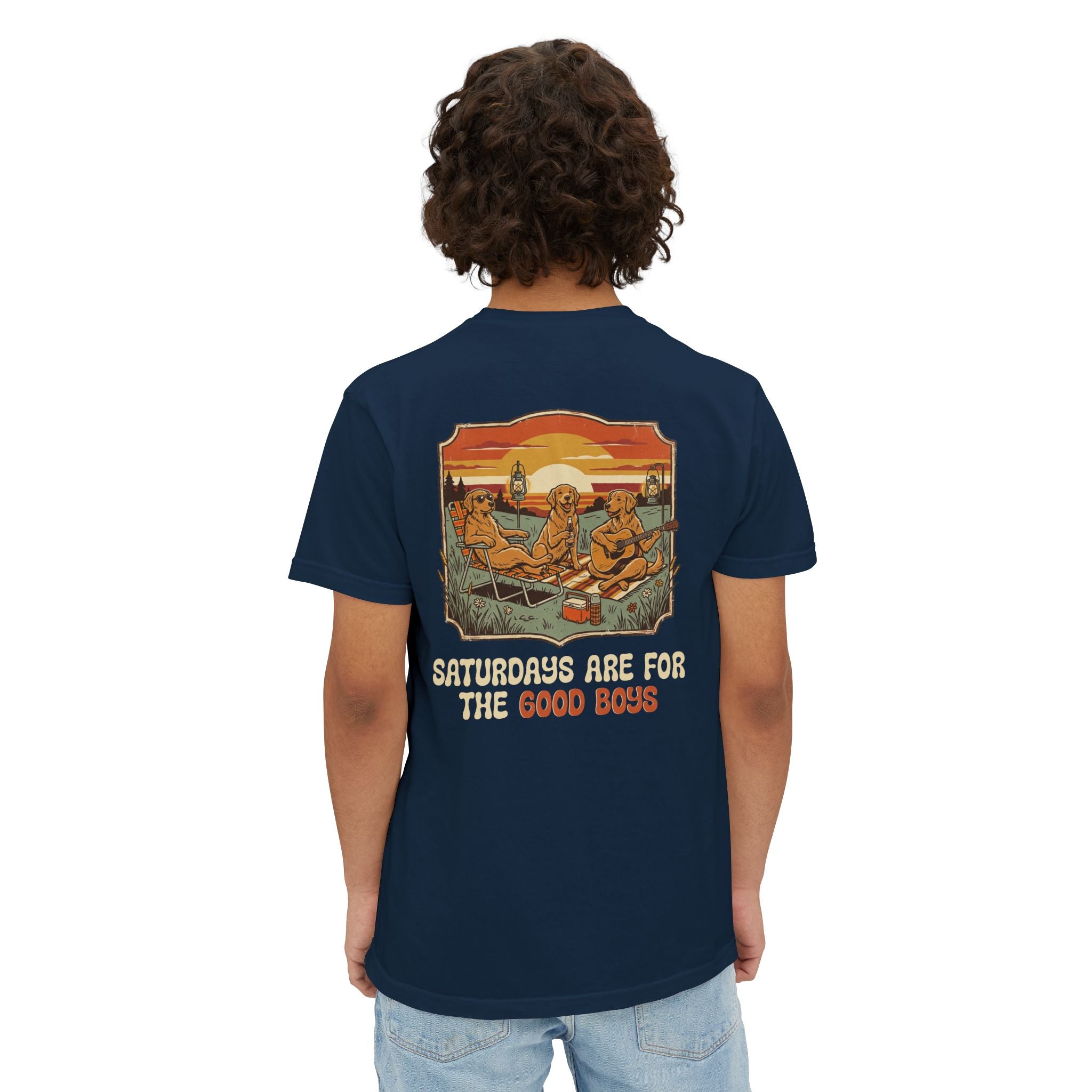 Camping Sunset Band Pocket T-Shirt | Back Graphic Outdoor Scene