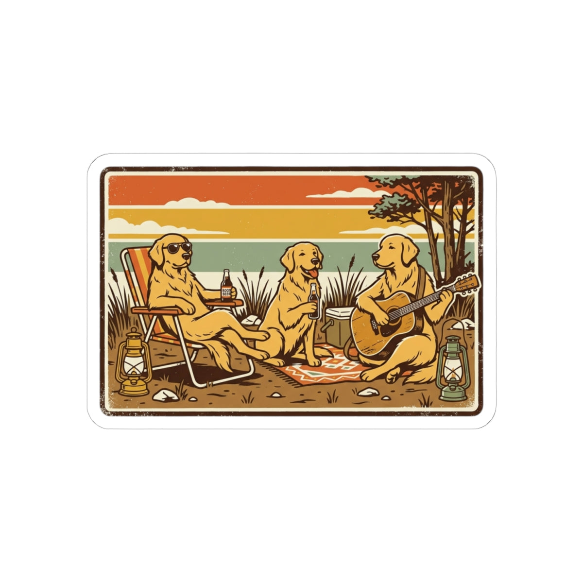 Golden Retrievers Camping Sticker | Kiss-Cut Vinyl Sticker, Retro Sunset
