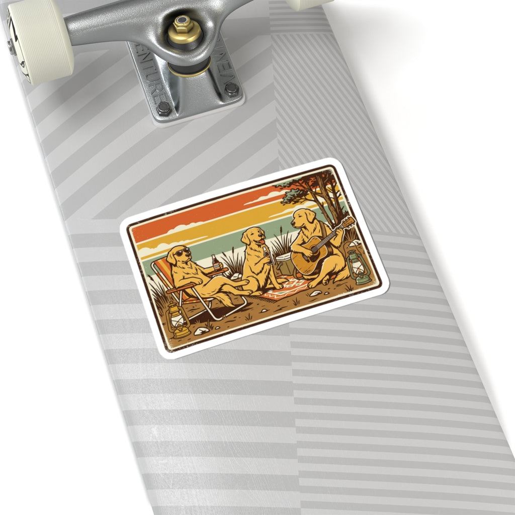 Golden Retrievers Camping Sticker | Kiss-Cut Vinyl Sticker, Retro Sunset