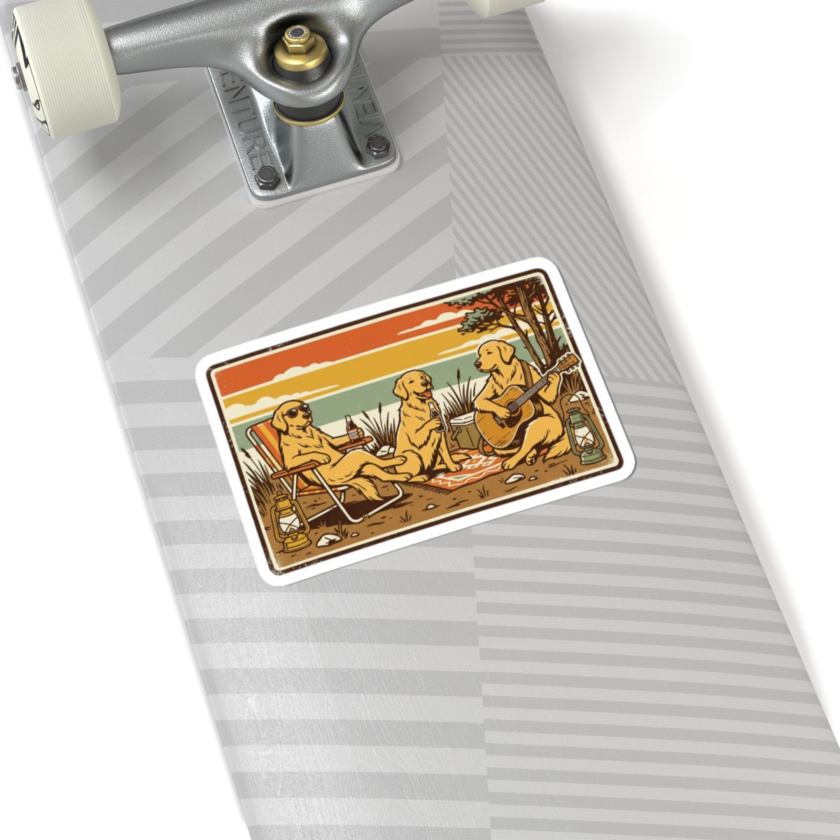 Golden Retrievers Camping Sticker | Kiss-Cut Vinyl Sticker, Retro Sunset