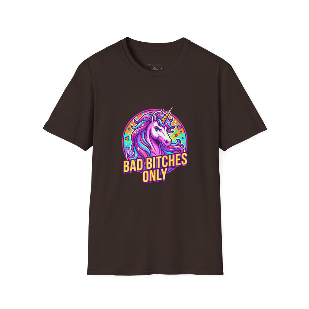 Bad Bitches Only Unicorn T-Shirt — Bold Rainbow Graphic Tee for Confident Women