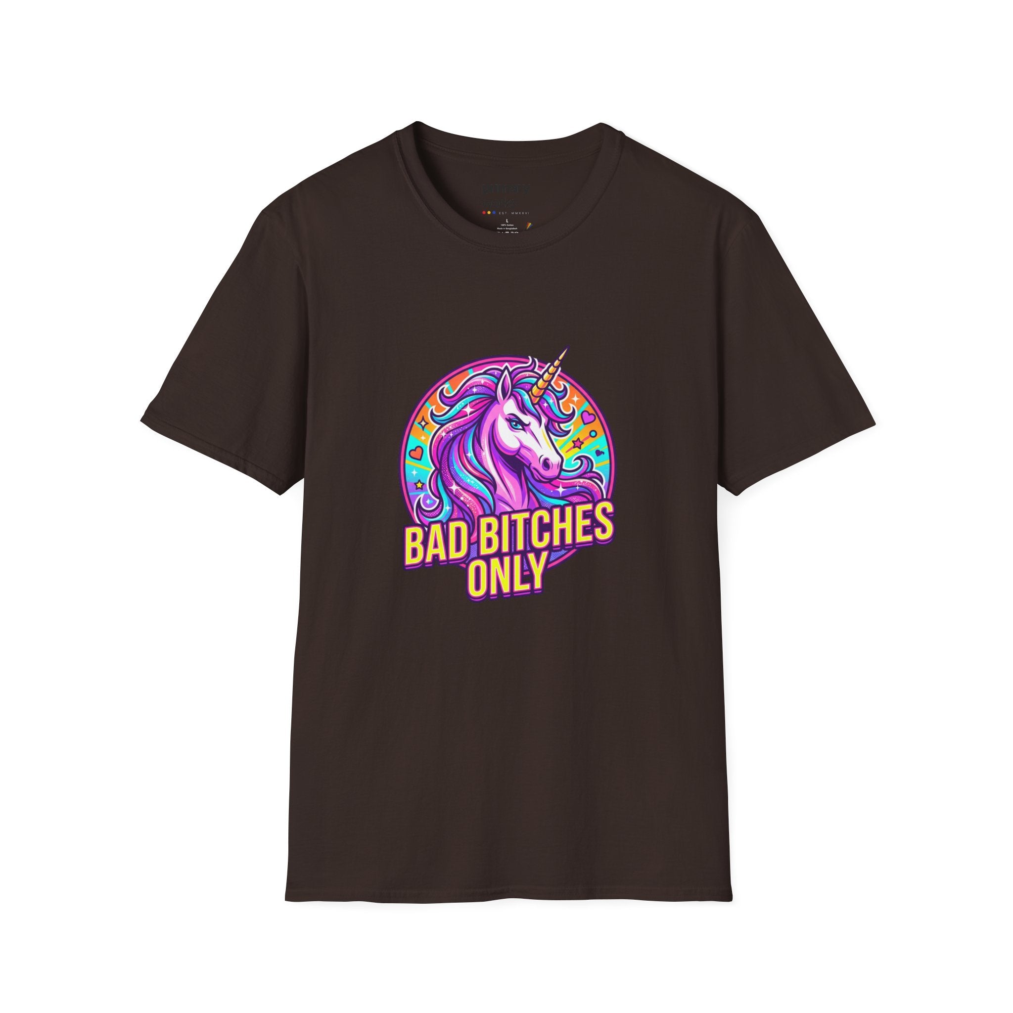 Bad Bitches Only Unicorn T-Shirt — Bold Rainbow Graphic Tee for Confident Women