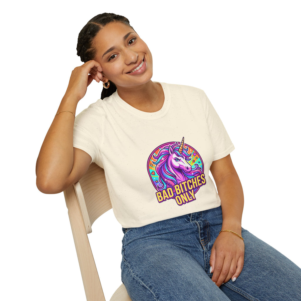 Bad Bitches Only Unicorn T-Shirt — Bold Rainbow Graphic Tee for Confident Women