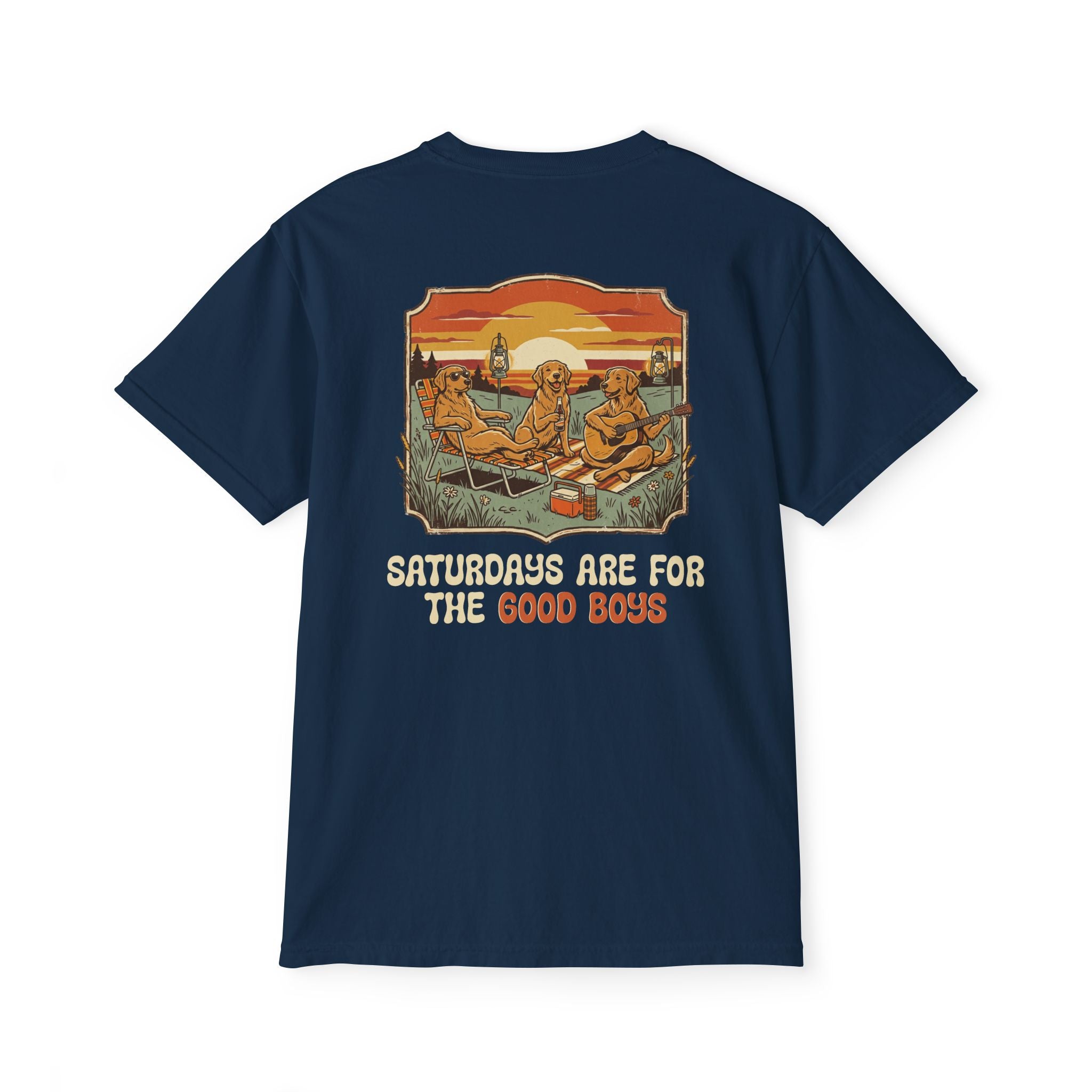 Camping Sunset Band Pocket T-Shirt | Back Graphic Outdoor Scene