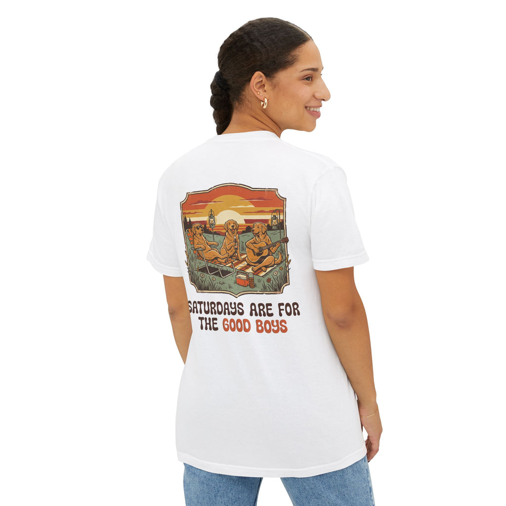 Camping Sunset Band Pocket T-Shirt | Back Graphic Outdoor Scene