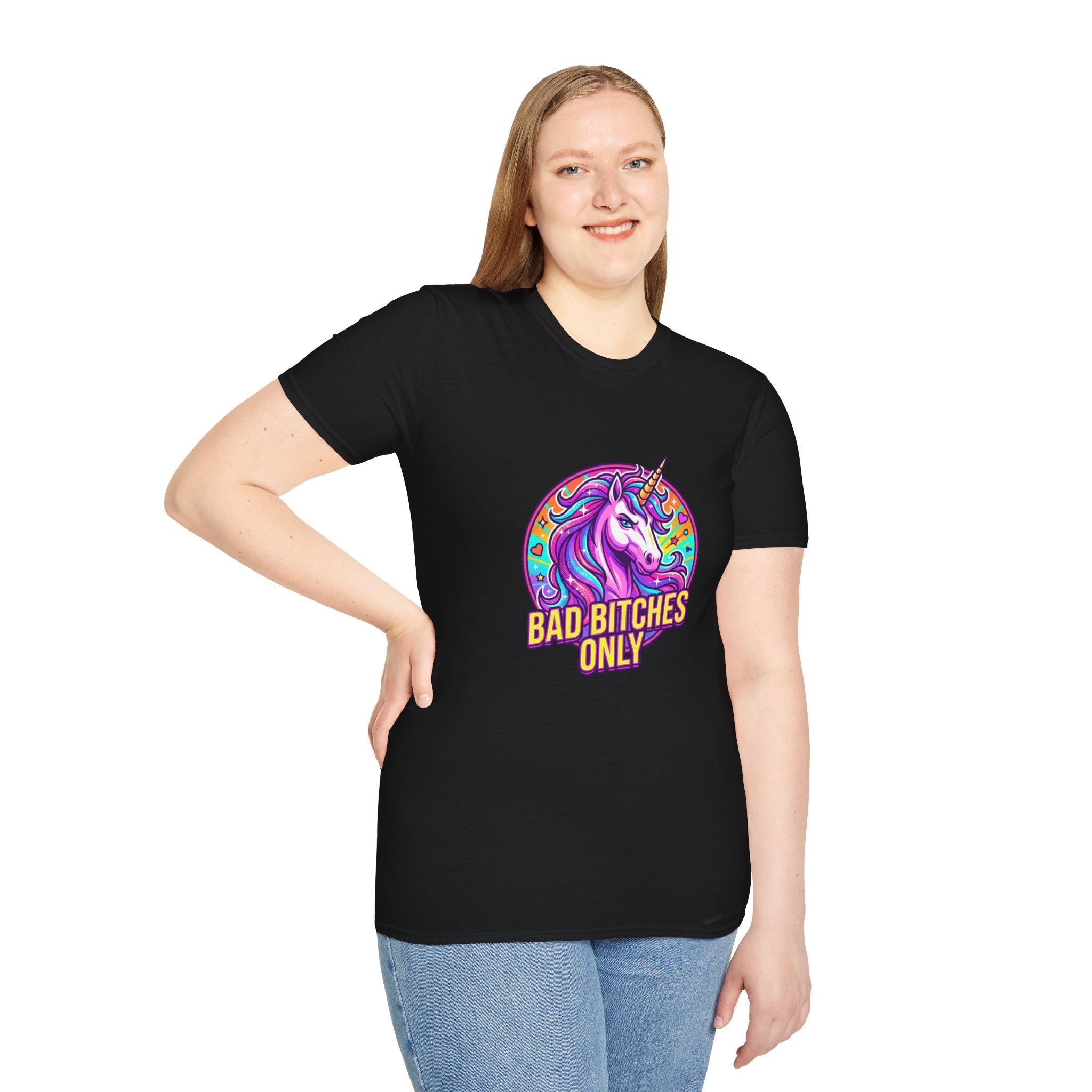 Bad Bitches Only Unicorn T-Shirt — Bold Rainbow Graphic Tee for Confident Women