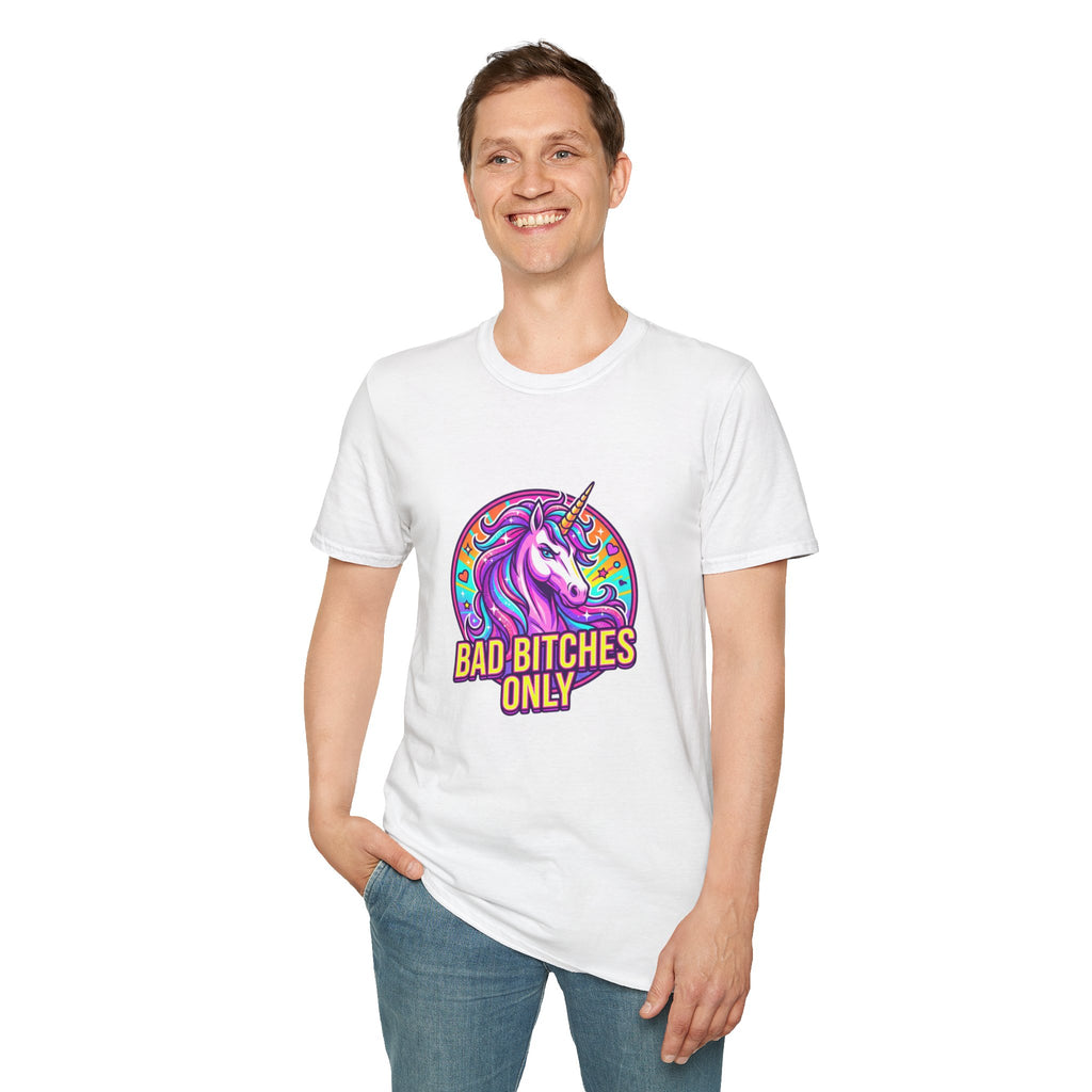 Bad Bitches Only Unicorn T-Shirt — Bold Rainbow Graphic Tee for Confident Women