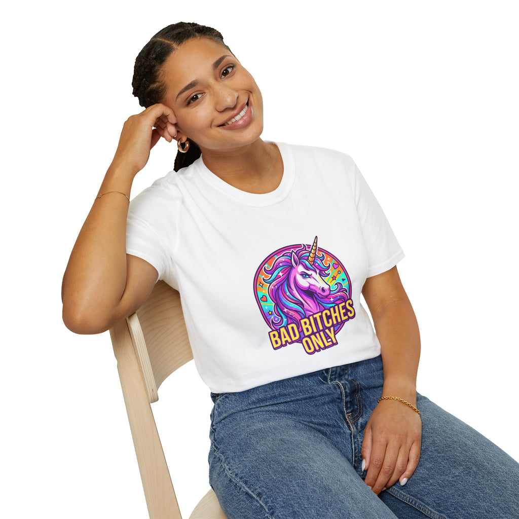 Bad Bitches Only Unicorn T-Shirt — Bold Rainbow Graphic Tee for Confident Women